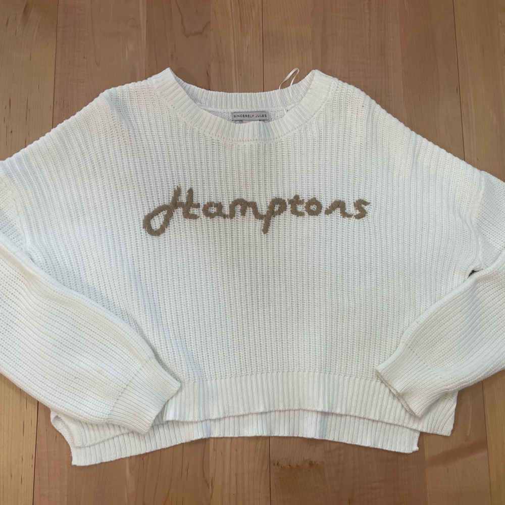 Sincerely Jules White Crewneck Sweater with Tan 'Hamptons' Script